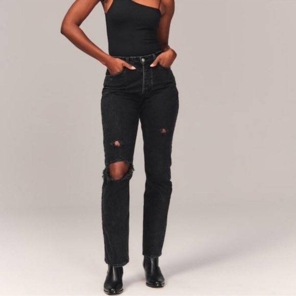 Abercrombie and Fitch The Dad High Rise Distressed Black Straight Leg Jeans 27 - Picture 4 of 16